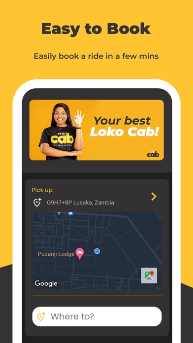 MyCab Zambia app screenshot showing home screen