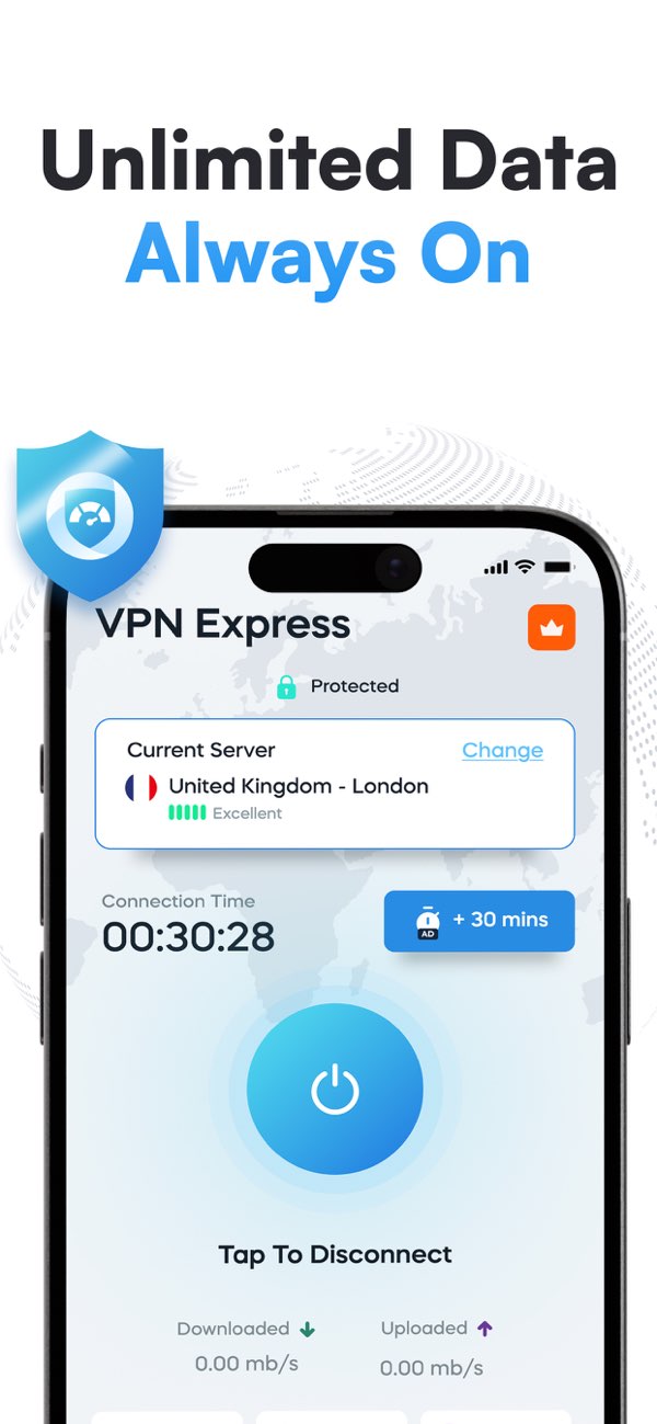 VPN Express app screenshot showing server and VPN controls